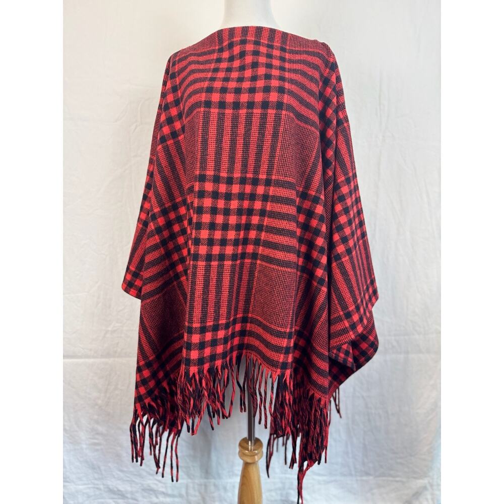 Vtg 70s Pendleton Virgin‎ Wool Shawl Cape Poncho Fringe Buffalo Plaid Tartan